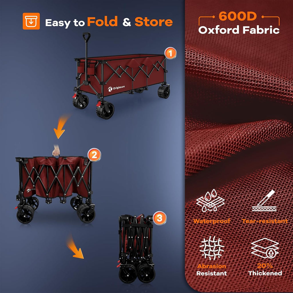 48' L Collapsible Beach Wagon Cart Foldable, 560lbs Weight Capacity 300L Heavy Duty Folding Wagons with Big All-Terrain Wheels, Utility Carts for Groceries, Shopping, Camping, Sports - Red