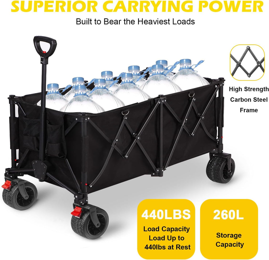 Collapsible Foldable Wagon Cart with 440lbs Weight Capacity, Heavy Duty 260L Large Capacity Garden Cart with Big All-Terrain Solid Wheels, Foldable Wagon for Sports Beach Grocery Camping