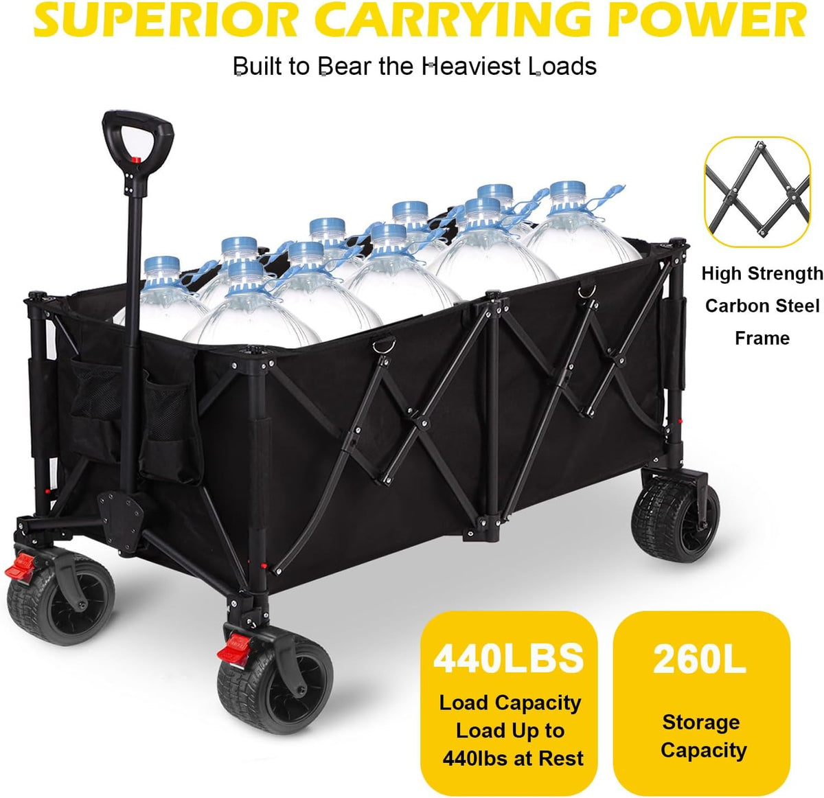 Collapsible Foldable Wagon Cart with 440lbs Weight Capacity, Heavy Duty 260L Large Capacity Garden Cart with Big All-Terrain Solid Wheels, Foldable Wagon for Sports Beach Grocery Camping