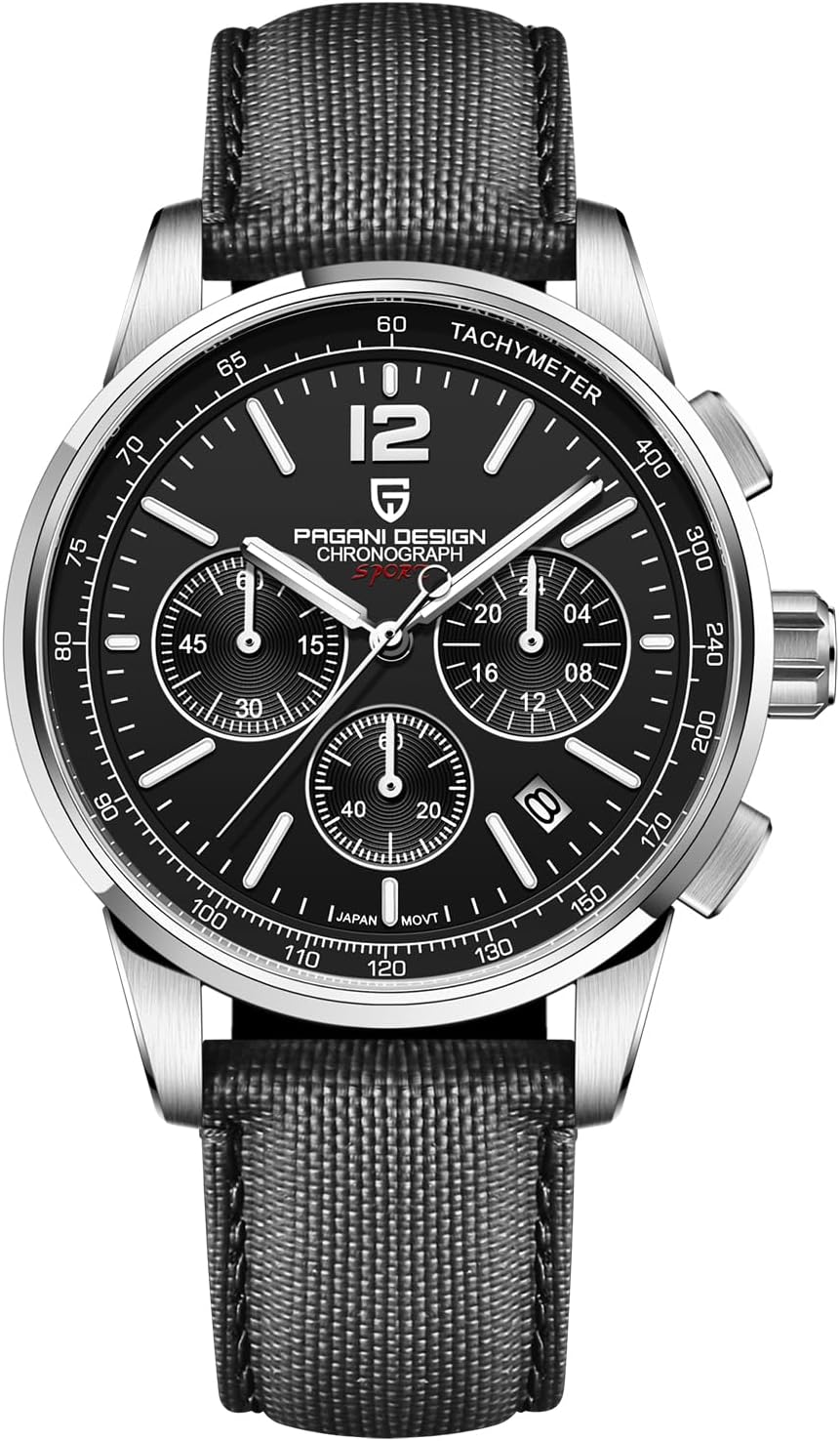 Pagani Design Men's Watch, Quartz Chronograph, 100M Water Resistant Stainless Steel Case, 40mm Dial Diameter, Sapphire Glass, Nylon Strap, Sporty Casual