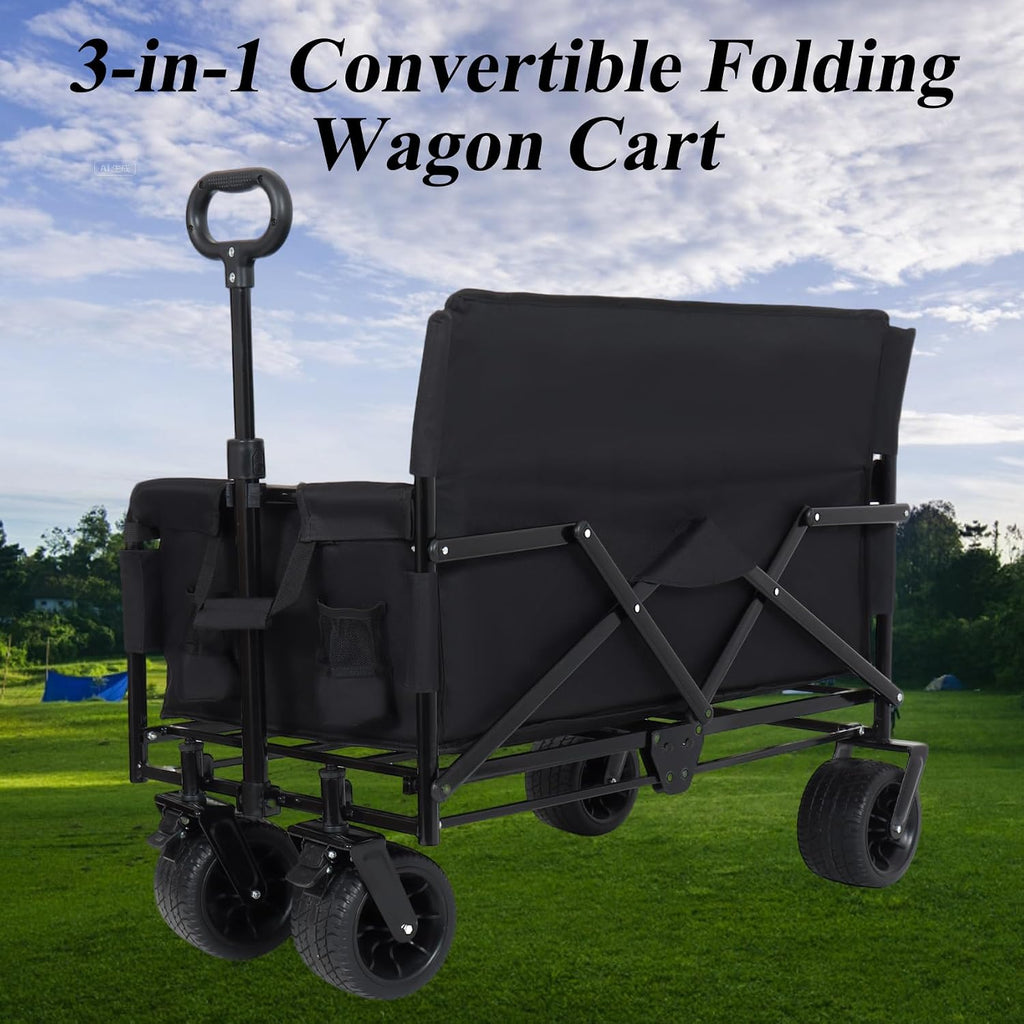 3-in-1 Convertible Folding Wagon Cart with Bench Seat & Storage - 500lbs Heavy-Duty Utility Wagon, 180L Capacity All-Terrain Wheels for Camping, Beach, Sports, Garden (Black)