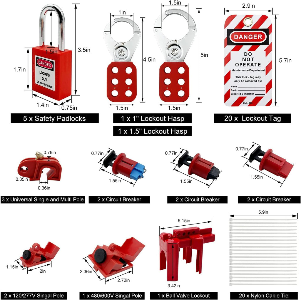 SAFBY Lockout Tagout Kit Electrical Loto - Clamp-On Circuit Breaker Lockout, Group Lockout Hasps, Lockout Tag, Universal Multi- Pole Breaker for Kit Station (Box Orange Kit)