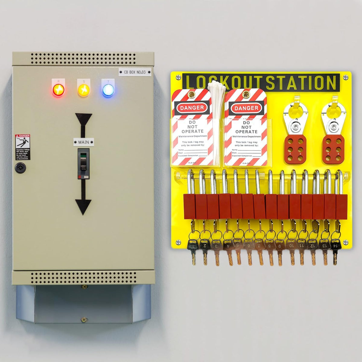 SAFBY Lockout Tagout Station Board Metal Kit with Lock Out Tag Out Loto 2 Hasps, 30 Tags, 30 Nylon Cable, 14 Locks with Number 1-14 (Yellow Lockout Station)