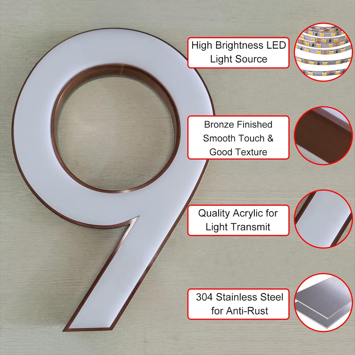 Backlit Illuminated LED House Numbers, Stainless Steel Hand-Polished For House Address Signs, Double Side Lighted Up House Numbers For Outside Modern,10 Inch/250mm,G