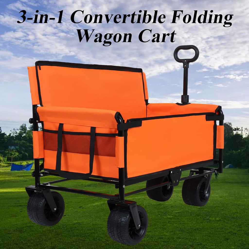 3-in-1 Convertible Folding Wagon Cart with Bench Seat & Storage - 500lbs Heavy-Duty Utility Wagon, 180L Capacity All-Terrain Wheels for Camping, Beach, Sports, Garden (Orange)