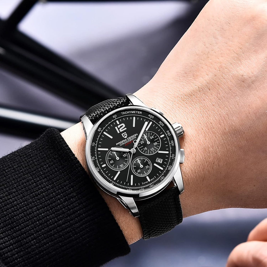 Pagani Design Men's Watch, Quartz Chronograph, 100M Water Resistant Stainless Steel Case, 40mm Dial Diameter, Sapphire Glass, Nylon Strap, Sporty Casual