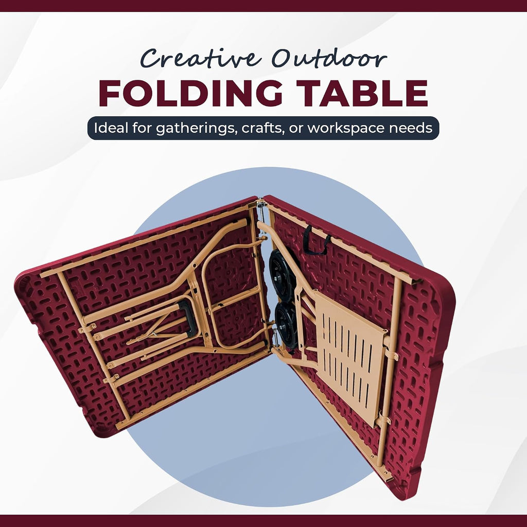Creative Outdoor Folding Table and Chairs, 6 Ft, Built-in Wheels, Portable Durable Plastic (Dark Red & Gold)