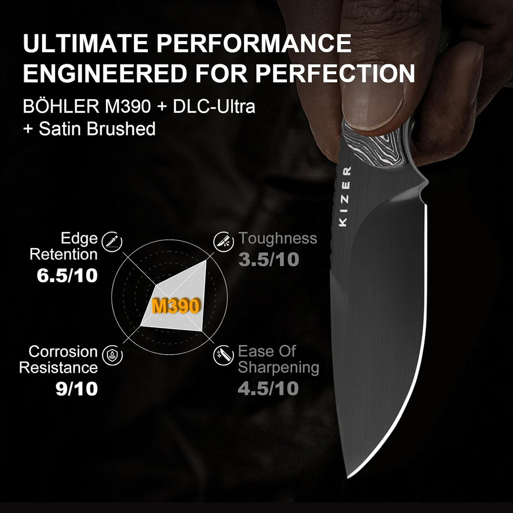 Kizer Buddy Fixed Blade Knife, 3' M390 Blade Camping Knife with Multicolored Fat Carbon White Storm Handle, Compact EDC Fixed Blade Knives with Sheath for Hiking Hunting Survival 1081A9