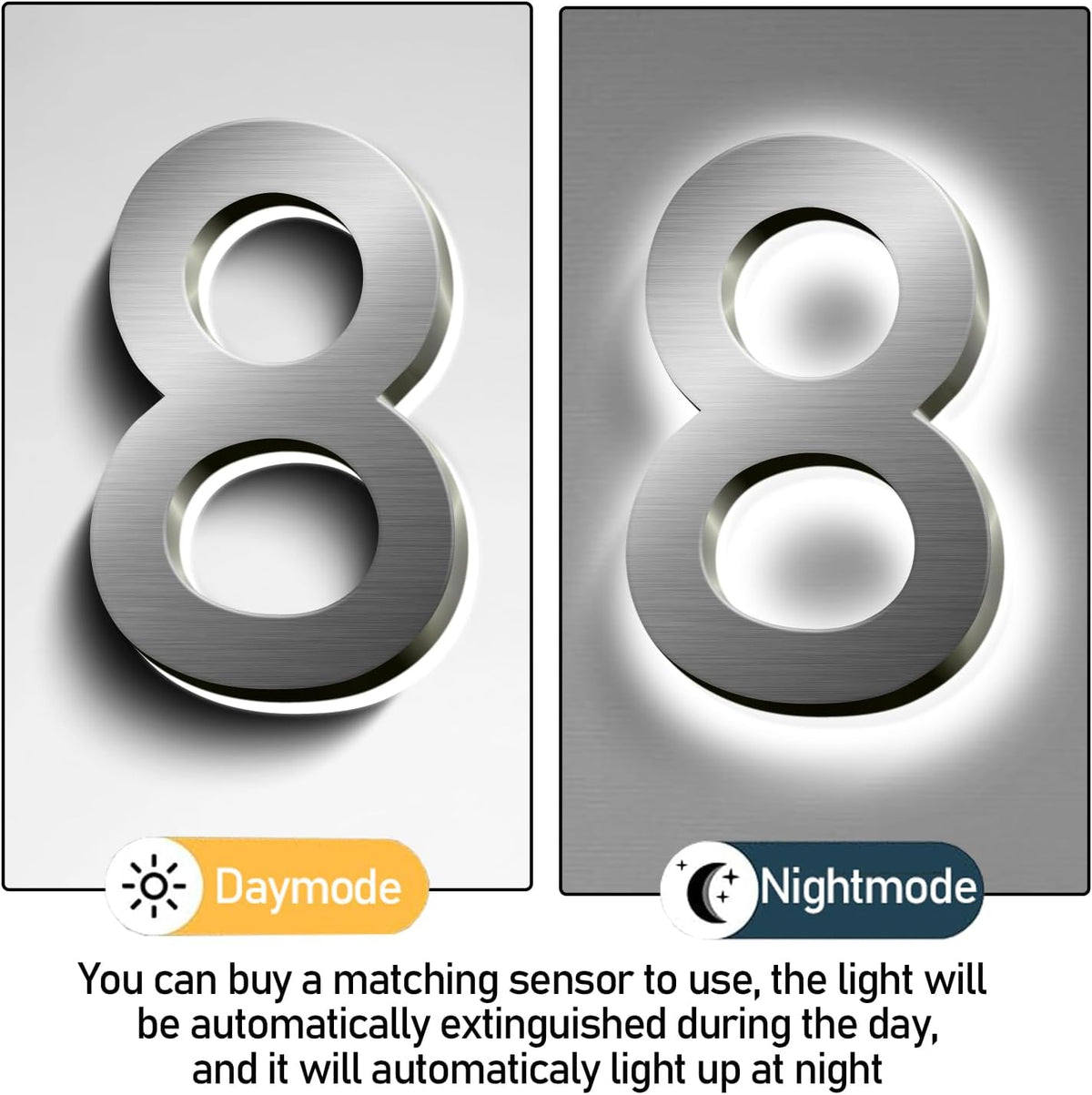 Backlit LED Illuminated House Numbers For Outside 18', Stainless Steel Modern Lighted Address Signs For Home, Illuminated Address Numbers, Brushed Silver, White Light,9