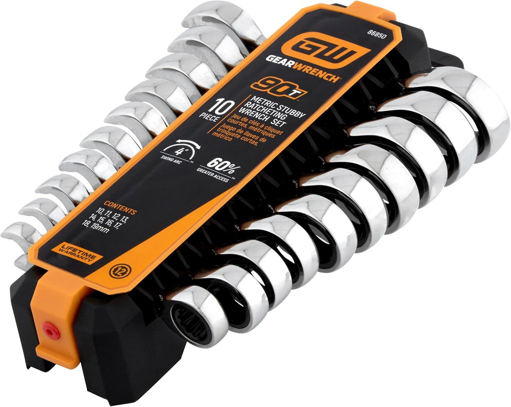GEARWRENCH 10 Piece 90-Tooth 12 Point Stubby Combination Ratcheting Wrench, MM | 86850