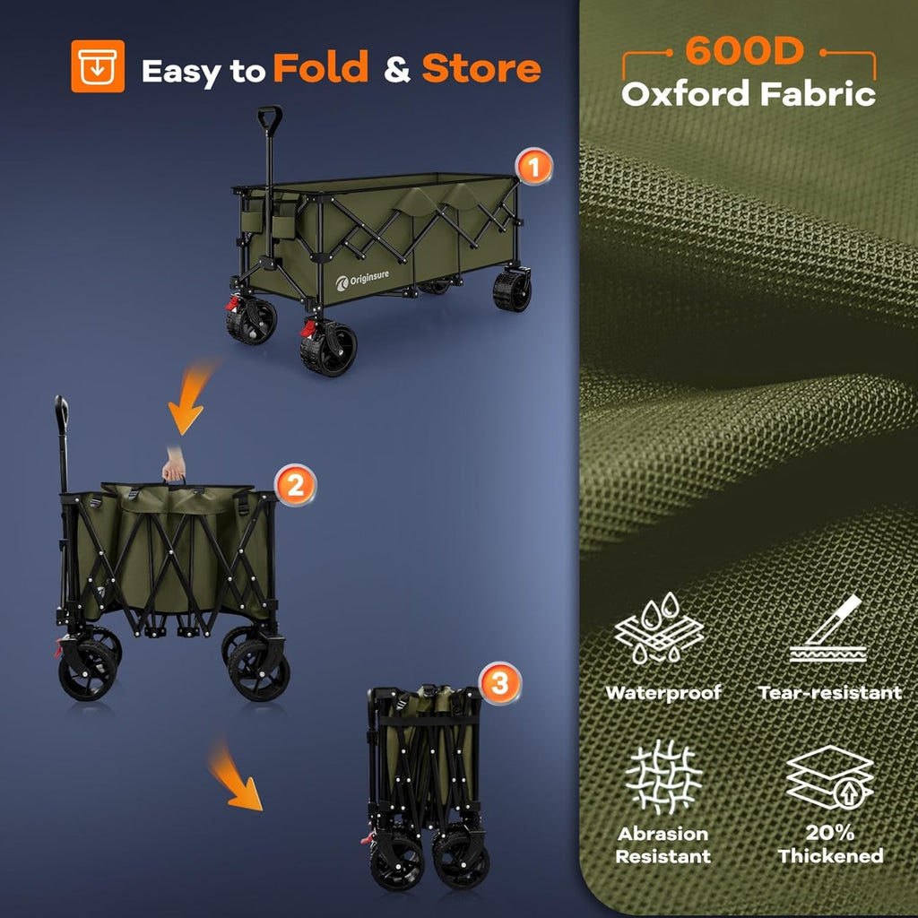 Originsure 48' L Collapsible Wagon Cart Foldable, 560lbs Weight Capacity 300L Heavy Duty Folding Beach Wagons with Big All-Terrain Wheels, Utility Carts for Groceries, Camping, Sports - Green