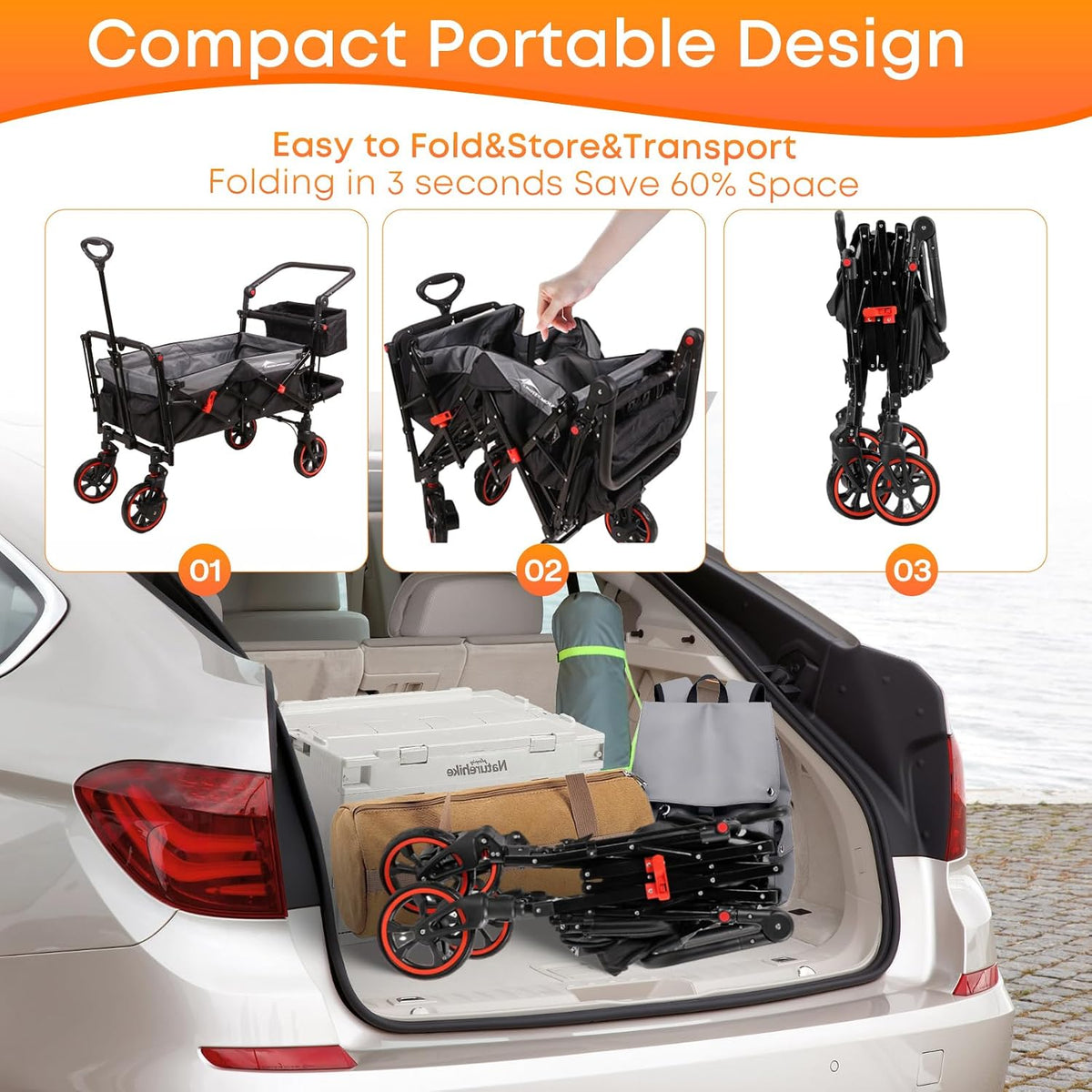 Wagon Stroller with Canopy,Large Capacity Trolley, Foldable Portable Cart with Canopy, Adjustable Push/Pull Handle, Shock-Absorbing Wheels, Suitable for Shopping,Traveling-B