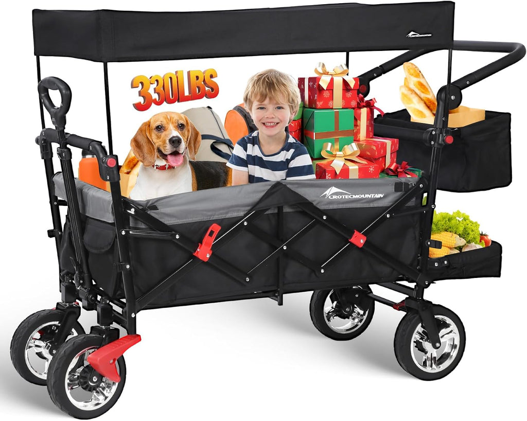 Wagon Stroller with Canopy,330lbs Cart, Collapsible Foldable Garden Cart- with Adjustable Push Pulling Handles Outdoor Utility Wagon for Beach Garden Camping, Black