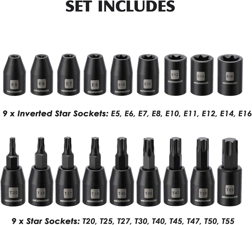 MIXPOWER 3/8'' Drive Master Impact Socket Set, 87-Piece Deep & Standard SAE and Metric,CR-MO, 1/4-Inch to 3/4-Inch and 6-19 mm, Impact Universal Sockets, Inverted Star Sockets, Extension Bar & Adapter