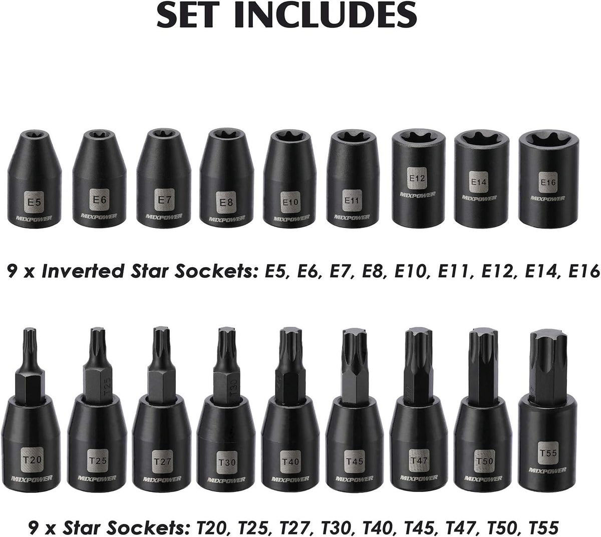 MIXPOWER 3/8'' Drive Master Impact Socket Set, 87-Piece Deep & Standard SAE and Metric,CR-MO, 1/4-Inch to 3/4-Inch and 6-19 mm, Impact Universal Sockets, Inverted Star Sockets, Extension Bar & Adapter