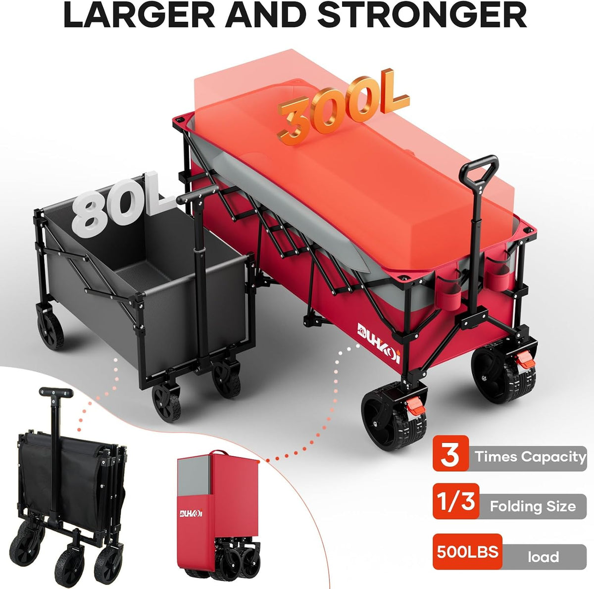 49' L Collapsible Extended Wagon with 500lbs Weight Capacity,300L Heavy Duty Sports Wagon,Big All-Terrian Wheels with Cup Holders,Cart for Sports,Grocery,Shopping,(Rosepink)