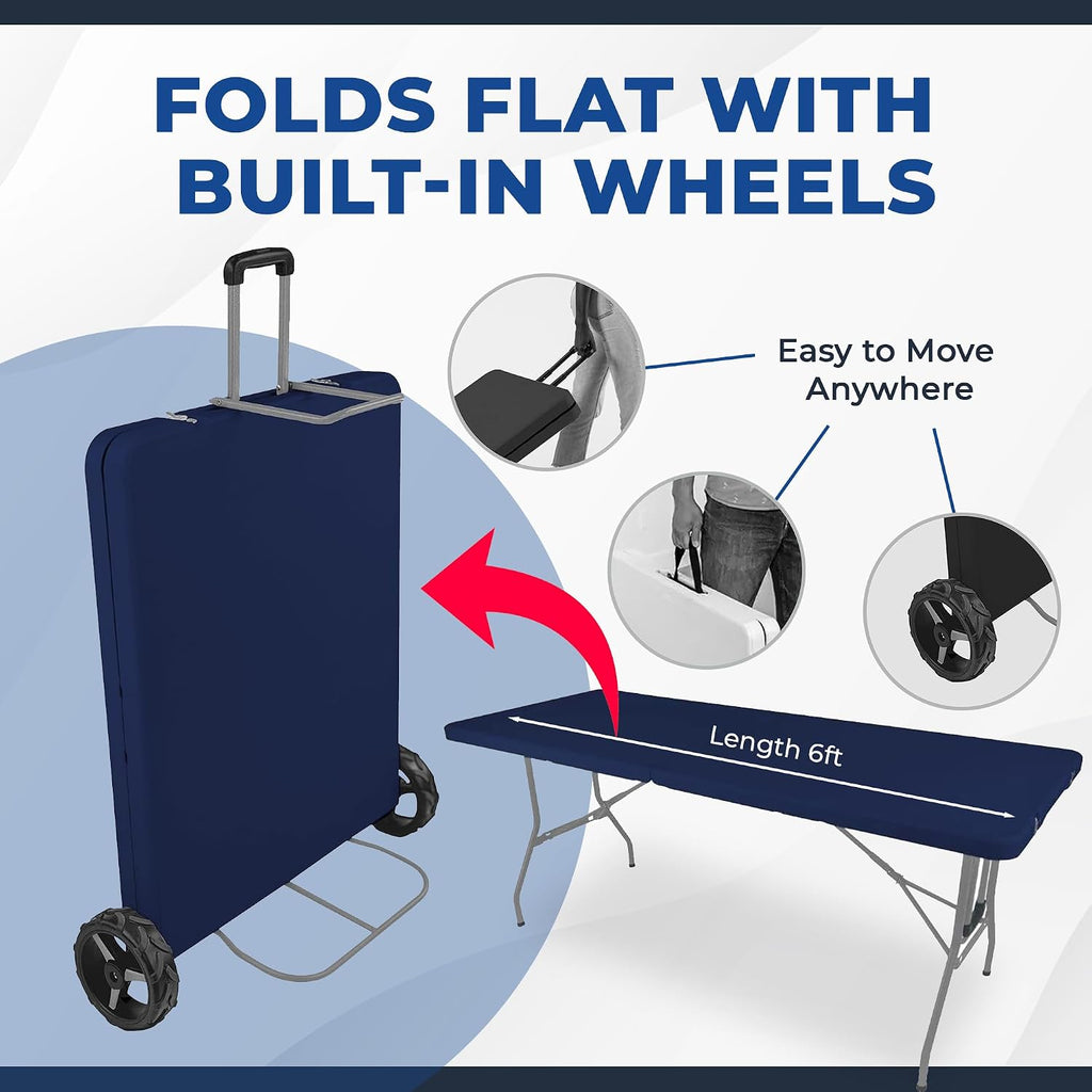 Creative Outdoor Folding Table and Chairs, 6 Ft, Built-in Wheels, Portable Durable Plastic (Blue & Gray)