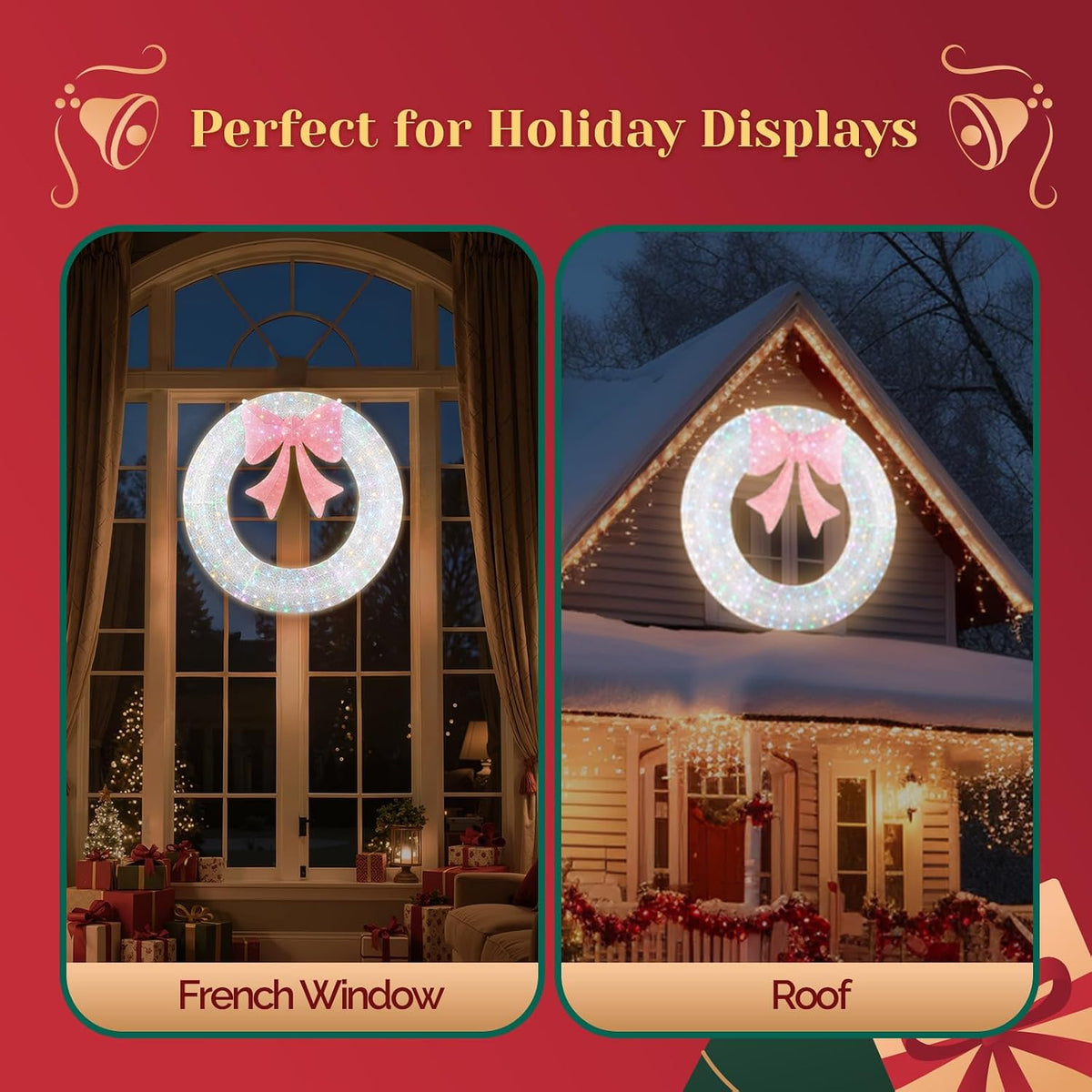 VINGLI 60IN Prelit Outdoor Christmas Wreath Decoration, Large Silver Lighted Metal Front Door Garland with Pink Bow, 280 RGB & Red LED Lights for Gate Wall Porch Indoor Outdoor Holiday Party Decor
