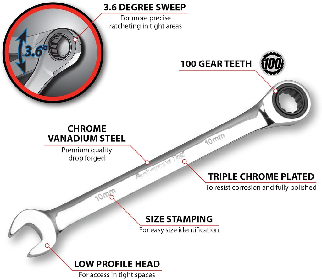 Performance Tool W30642 12pc Metric Combo Ratcheting Wrench Set | Premium Drop Forged Chrome Vanadium Steel | Oil & Corrosion Resistant | Sizes: 8, 9, 10, 11, 12, 13, 14, 15, 16, 17, 18 & 19mm , Black