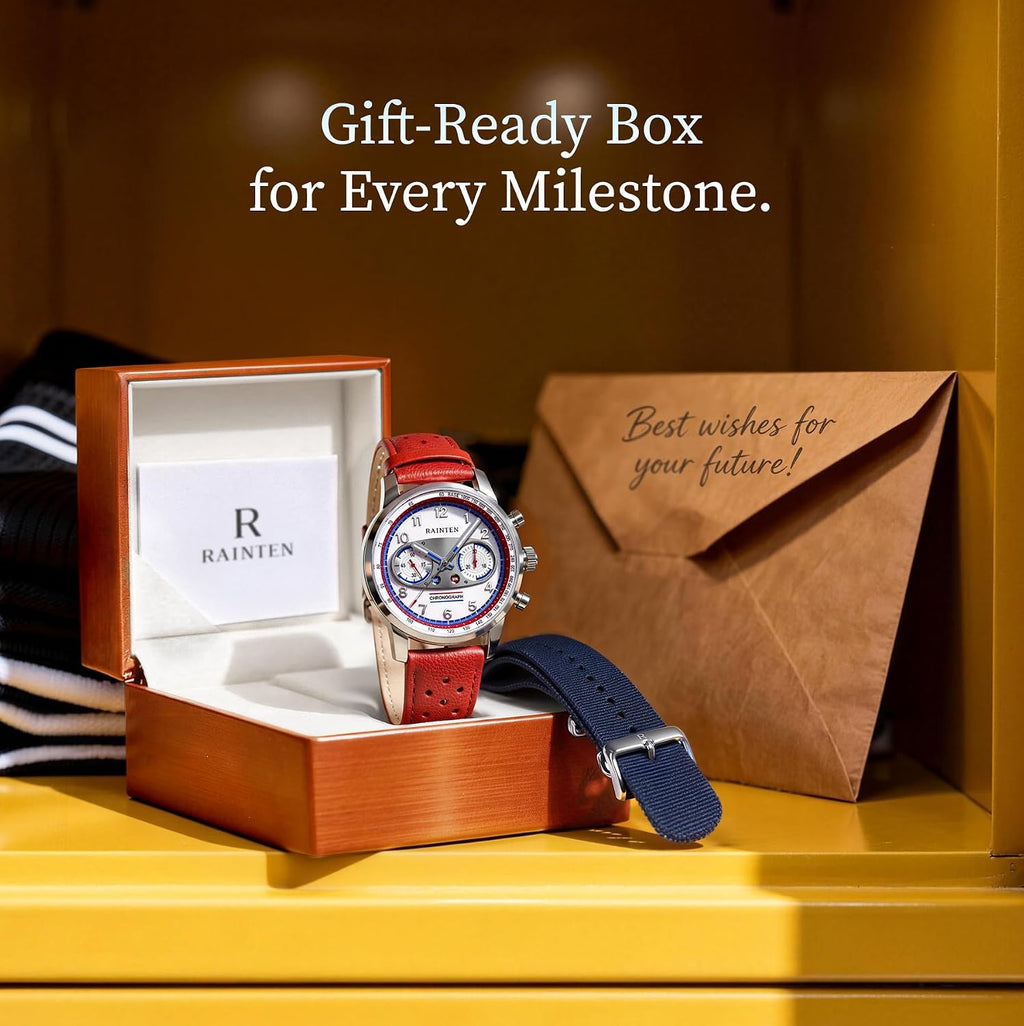 RAINTEN Chronograph Watch, Mechanical Watch for Men, Case 40mm, Seagull St19 | Stainless Steel with Genuine Leather Strap and Sapphire Crystal, Nylon Strap, Gifts- R9032, R9031B, R9031, R9031A