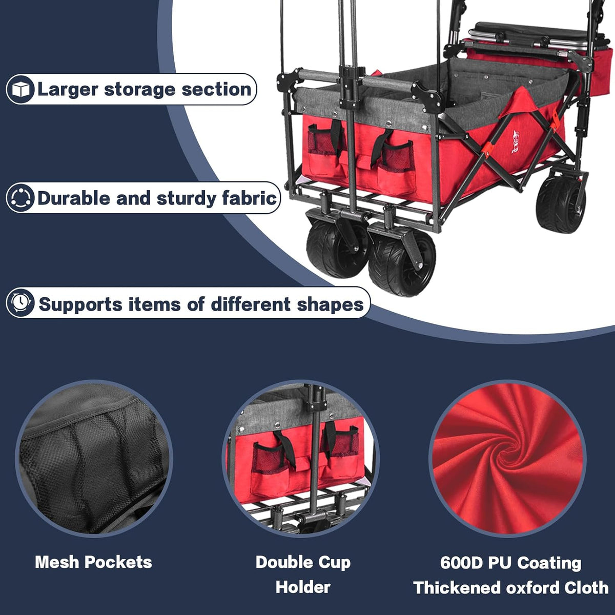 Collapsible Wagon Cart with Removable Canopy, Heavy Duty Foldable Wagon with 4' Large All Terrain Wheels, Brake, Cooler Bag, Adjustable Handles for Garden Beach Sports (Red)