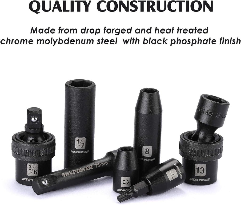 MIXPOWER 3/8'' Drive Master Impact Socket Set, 87-Piece Deep & Standard SAE and Metric,CR-MO, 1/4-Inch to 3/4-Inch and 6-19 mm, Impact Universal Sockets, Inverted Star Sockets, Extension Bar & Adapter