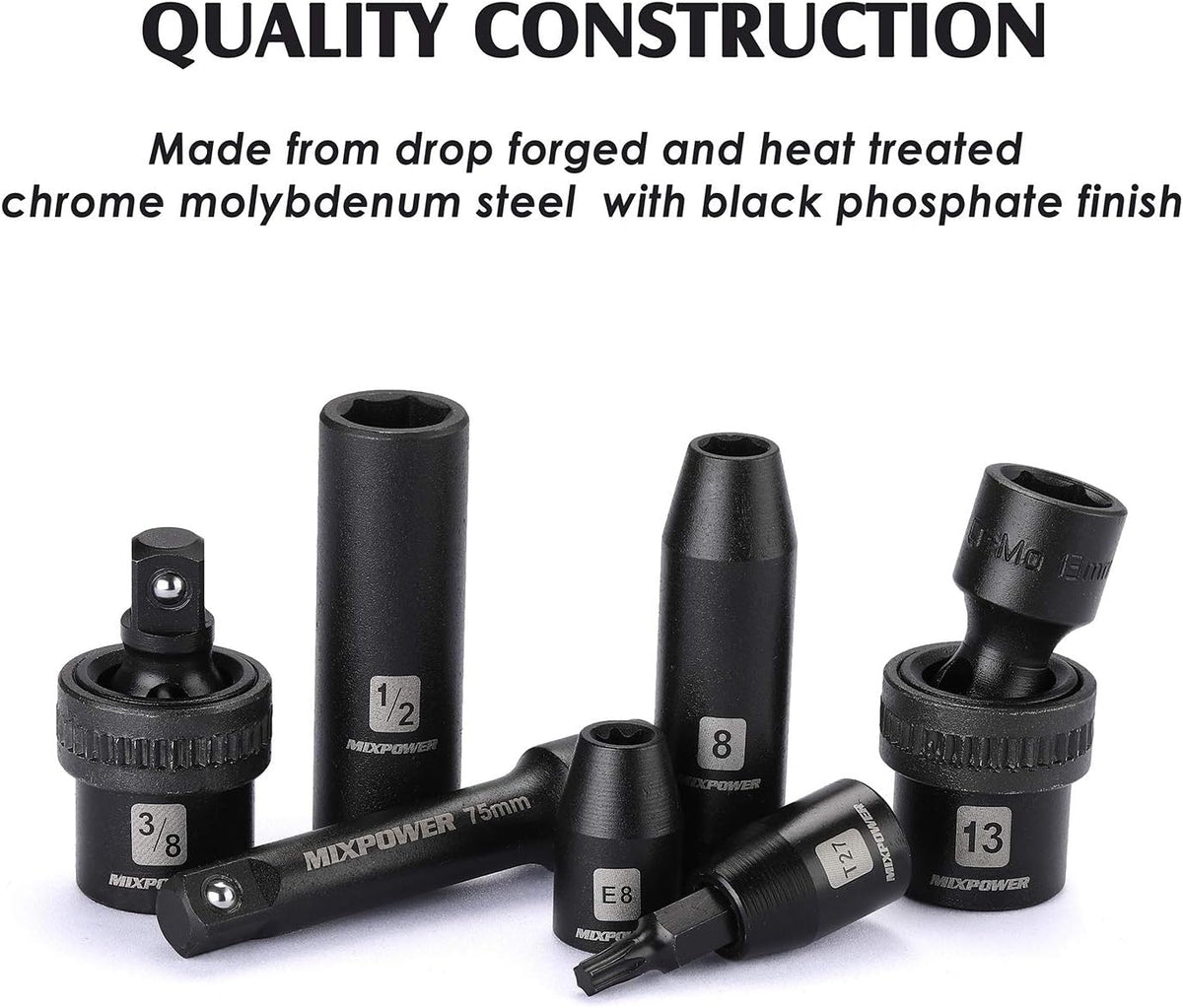 MIXPOWER 3/8'' Drive Master Impact Socket Set, 87-Piece Deep & Standard SAE and Metric,CR-MO, 1/4-Inch to 3/4-Inch and 6-19 mm, Impact Universal Sockets, Inverted Star Sockets, Extension Bar & Adapter