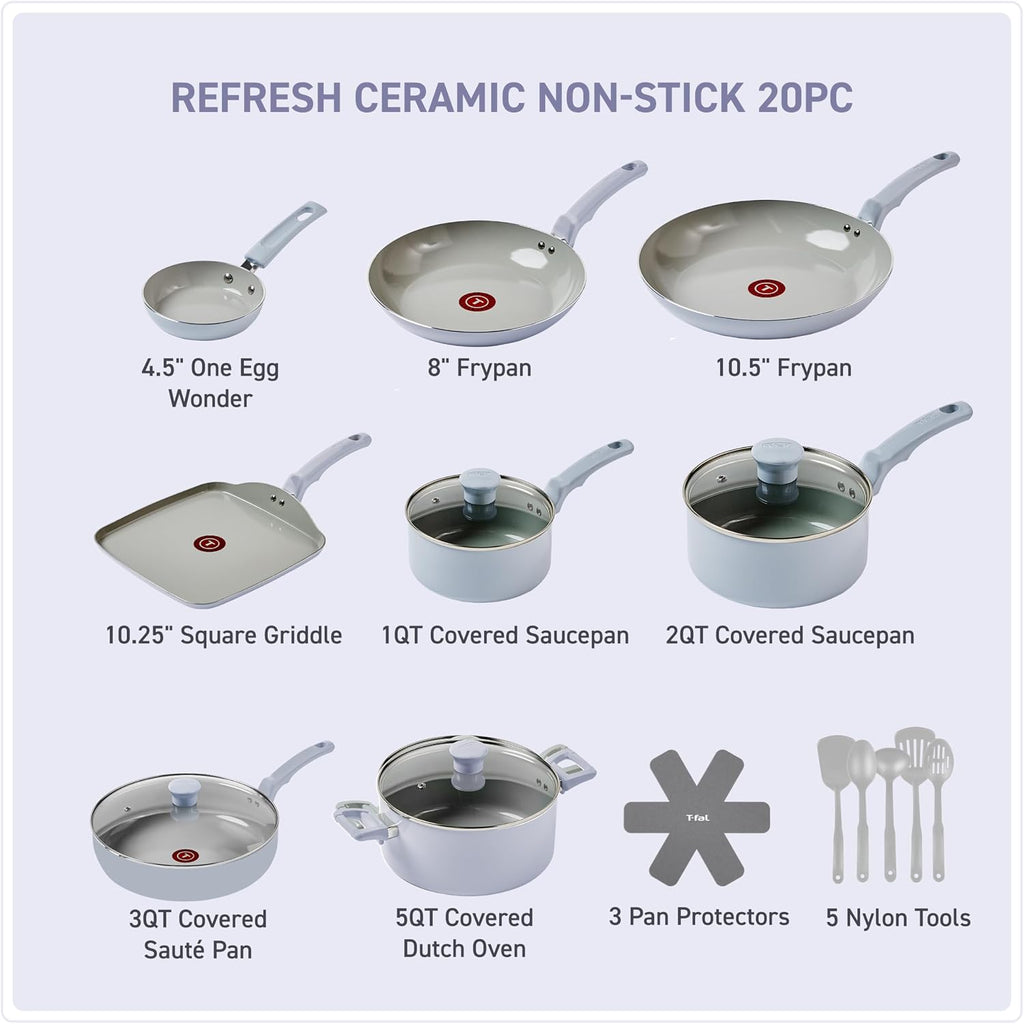 T-Fal Refresh Ceramic Nonstick Cookware Set, 20-Piece, Oven Safe to 350°F, Includes Stockpot, Griddle, Frying Pans, Utensils, Ceramic Pots and Pans Set, Blue