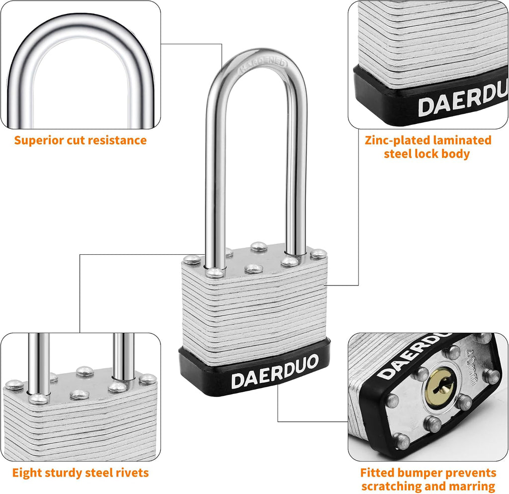 48 Pack 40 mm (1-9/16') Keyed Alike Laminated Padlocks with 96 Keys, Hardened Steel Long Shackle, Heavy-Duty Locks for Gym Lockers, Toolboxes, School Lockers, and Hasp Latches