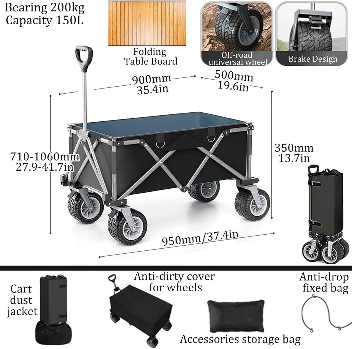 Bgarden Carts,Collapsible Wagon,Sports Outdoor Utility Wagon Folding Garden Wagon Sports Steel Frame Foldable Yard Car Off-Road Wheels with Brakes Folding Board Camping Cart