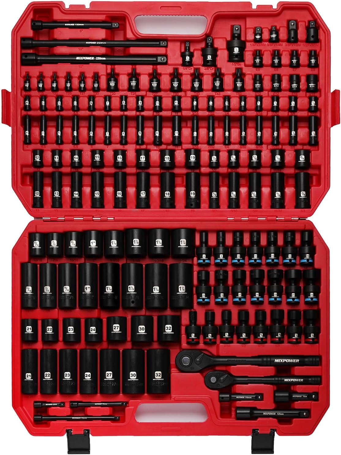 MIXPOWER 153 Pieces 1/4'&3/8'&1/2' Drive Mechanic Tool Set,Metric/SAE,6-Point,Deep and Shallow Sockets,Impact Universal Joint Swivel Sockets,Impact Socket Extension Bar