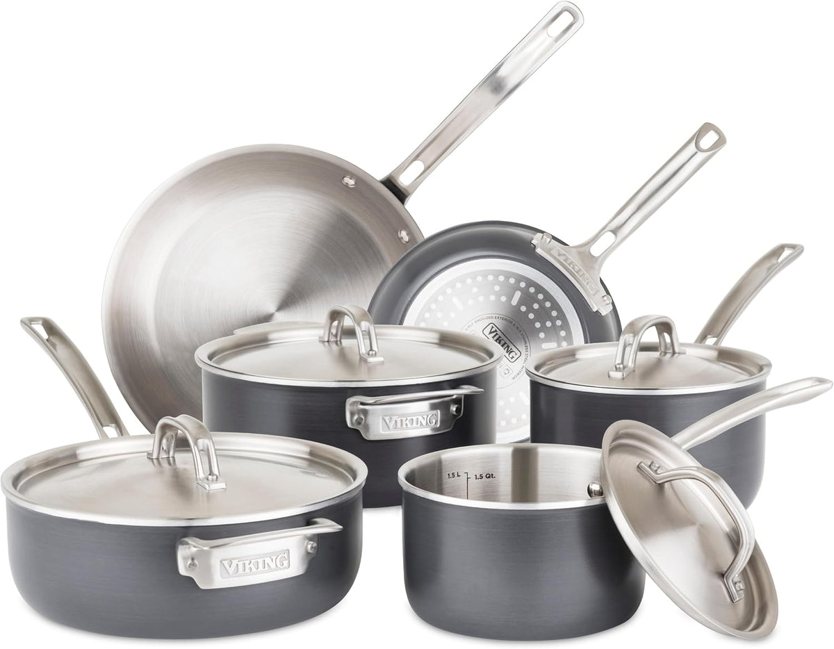 Viking 5-Ply Pots and Pans Set, 10 Piece Hard Anodized Cookware, Stainless Steel Lids, Silver