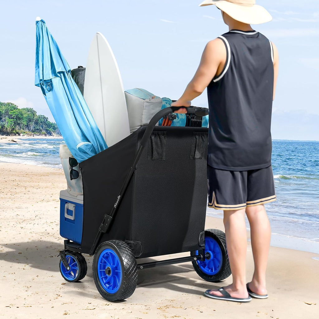 KEDSUM 11.3 Cu.Ft. 400LBS Upgrade Huge Beach Wagon with Big Wheels for Sand, 12' All-Terrain Rubber Wheels Beach Cart, Collapsible Wagon for Sand for Camping, Outdoor, Shopping, One-Click Foldable