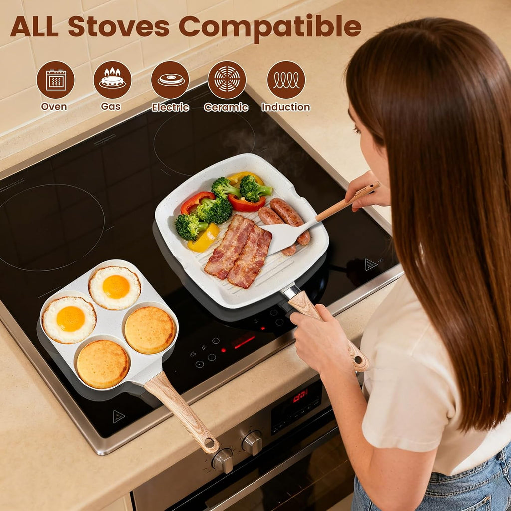AOSION 27PCS Pots and Pans Set, Nonstick Ceramic Cookware Set, Healthy Kitchen Cooking Set with Gloves, Apron, Silicone Tools & Pot Protectors, Oven & Dishwasher Safe, PFOA/PFOS Free，Ivory
