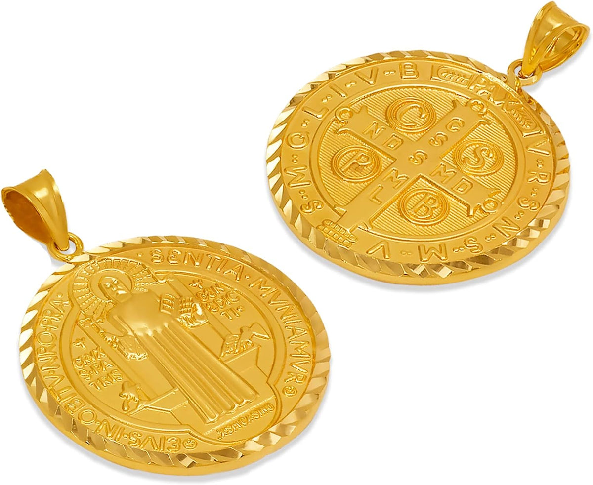 JEWELHEART 14K Real Gold Saint Benedict Medals 14mm 18mm 20mm 25mm Diamond Cut San Benito Pendant Charm For Men Women Religious Medallion Two Sided