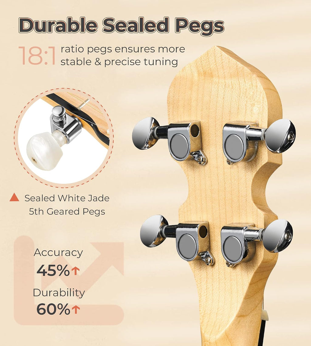 Vangoa Mini 5 String Banjo 28 Inch - Travel Maple Small Beginner Kit With Tone Ring, Fiberskyn Remo Head for Kids Teens Adults