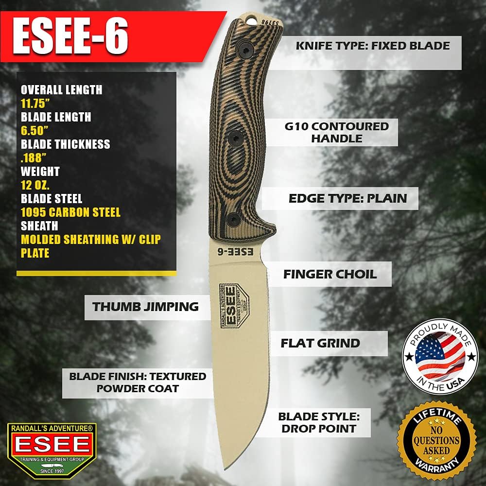 ESEE-6 1095 Carbon Steel, Black Sheath (Desert Tan Blade, Coyote/Black G10 3D Handle)