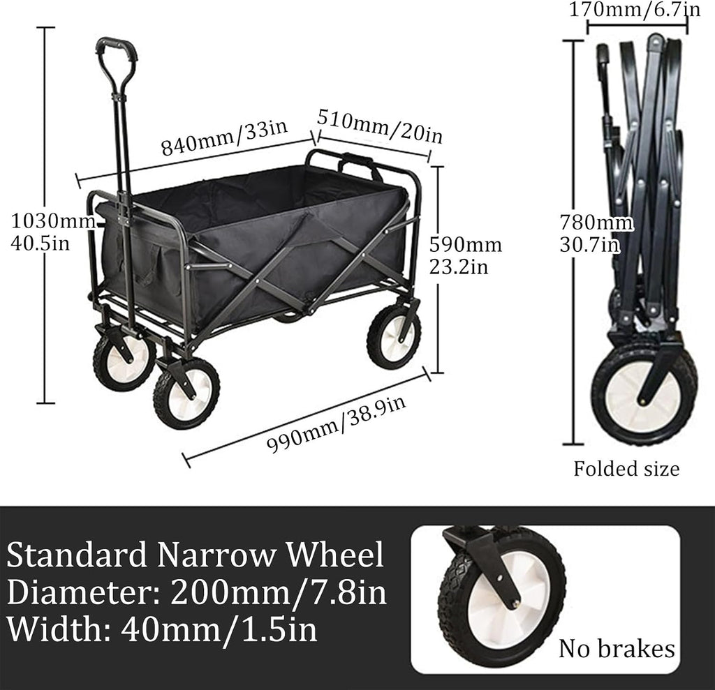 Black Bgarden Carts,Collapsible Wagon,Sports Outdoor Utility Wagon Folding Garden Wagon Sports Heavy Duty Steel Frame Foldable Yard Car Camping Cart with Side Pockets and PVC Wheels