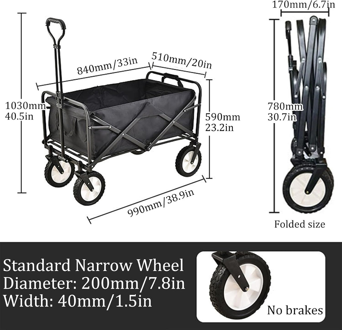 Black Bgarden Carts,Collapsible Wagon,Sports Outdoor Utility Wagon Folding Garden Wagon Sports Heavy Duty Steel Frame Foldable Yard Car Camping Cart with Side Pockets and PVC Wheels