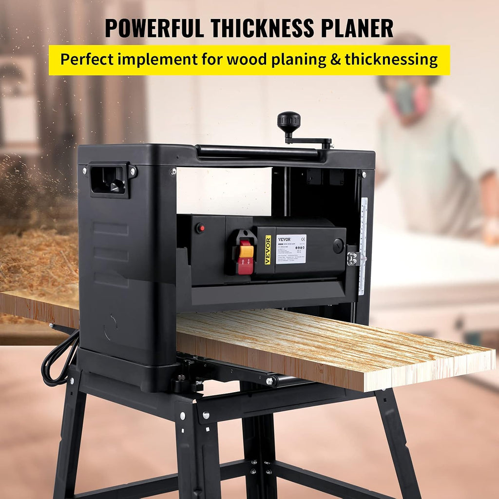 VEVOR Thickness Planer 12.5 inch Wood Planer Foldable 1500W Thickness Planer Woodworking 315'/min Feed Rate Double Cutter Benchtop Thickness Planer with Dust Exhaust Interface Stand for Woodworking
