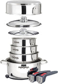 Magma 10 Piece Gourmet Nesting Stainless Steel Cookware Set, Induction Compatible, Oven Safe to 500°F - Suitable for All Stovetops, Removable Handles, Silver
