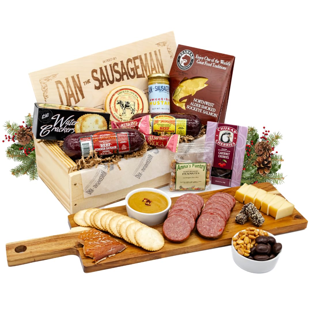 Dan the Sausageman's Signature Gift (Favorite) Gourmet Gift Basket Featuring Smoked Summer Sausage, Savory SeaBear Salmon, Wisconsin Cheese, Sweet Hot Mustard, and a Reuseable Keepsake Wood Pine Crate