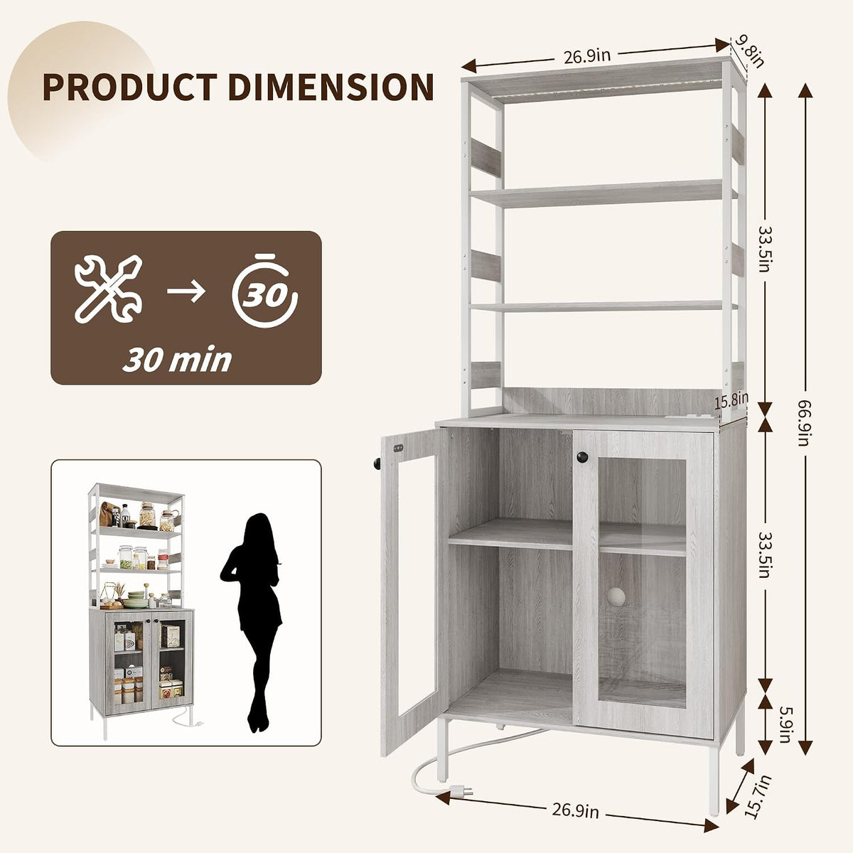IDEALHOUSE 67' Tall Wine Bar Cabinet for Liquor and Glasses,Farmhosue Coffee Bar Cabinet,Pantry Storage with RGB LED Lights,Power Outlet,Adjustable Shelves,for Home,Dining Room,Kitchen(Grey)