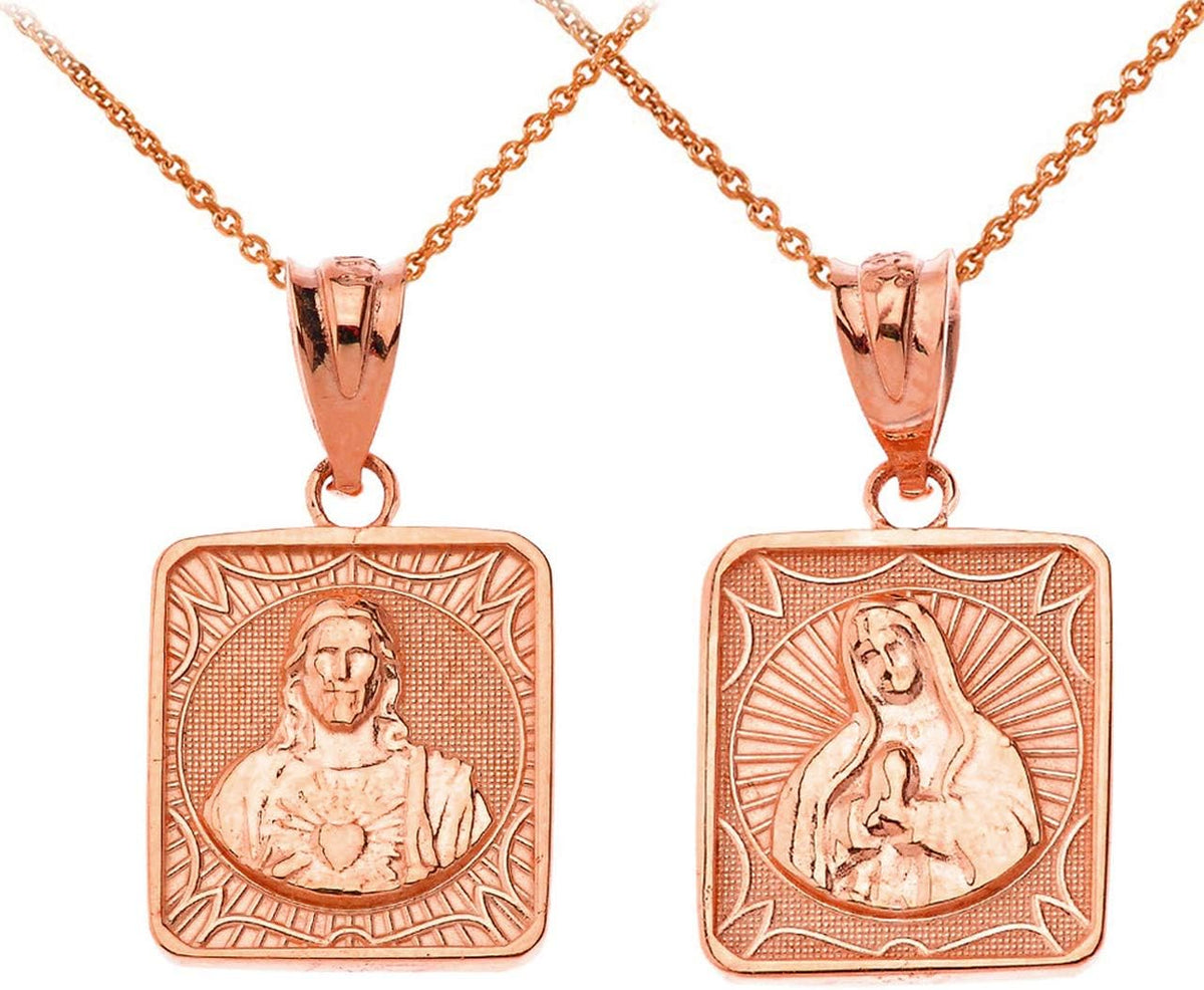 Certified 10k Gold Immaculate Heart of Mary/Sacred Heart of Jesus 0.87' Square Medal Reversible Necklace