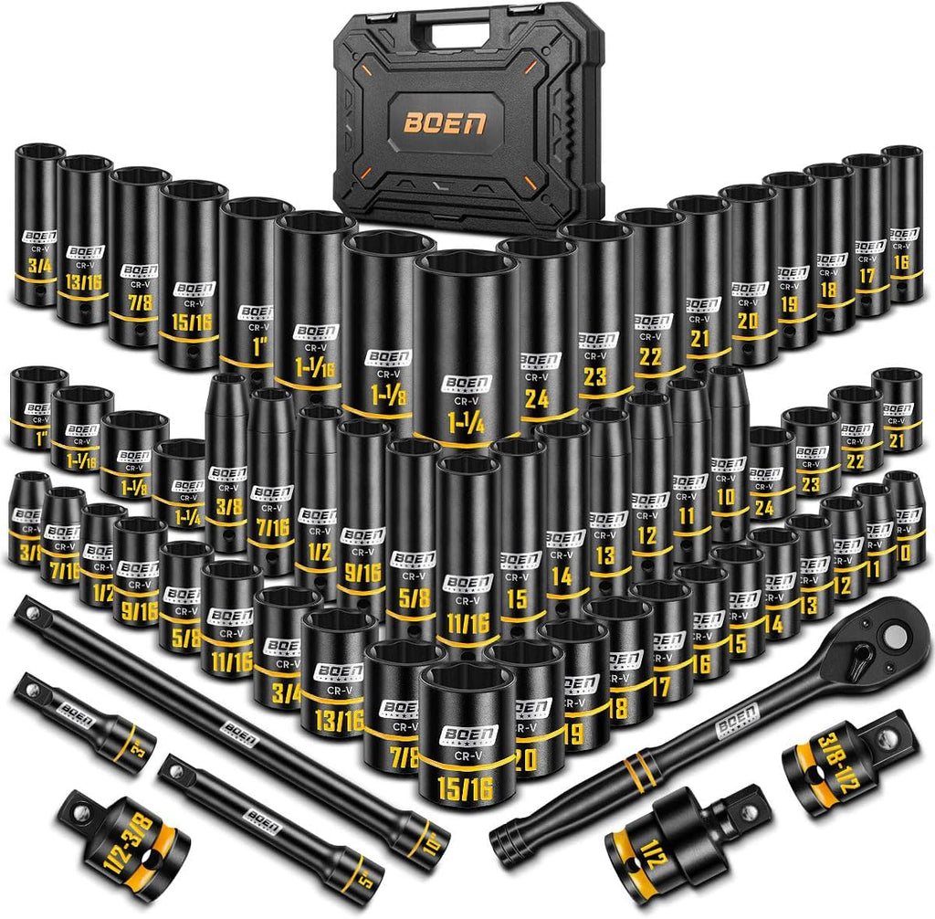 BOEN 1/2' Drive Impact Socket Set, 65-Piece Standard SAE (3/8' to 1-1/4') & Metric (10mm-24mm) Deep & Shallow Socket with Paint-Filled Markings, Includes Extensions, Ratchet, Adapter & Universal Joint