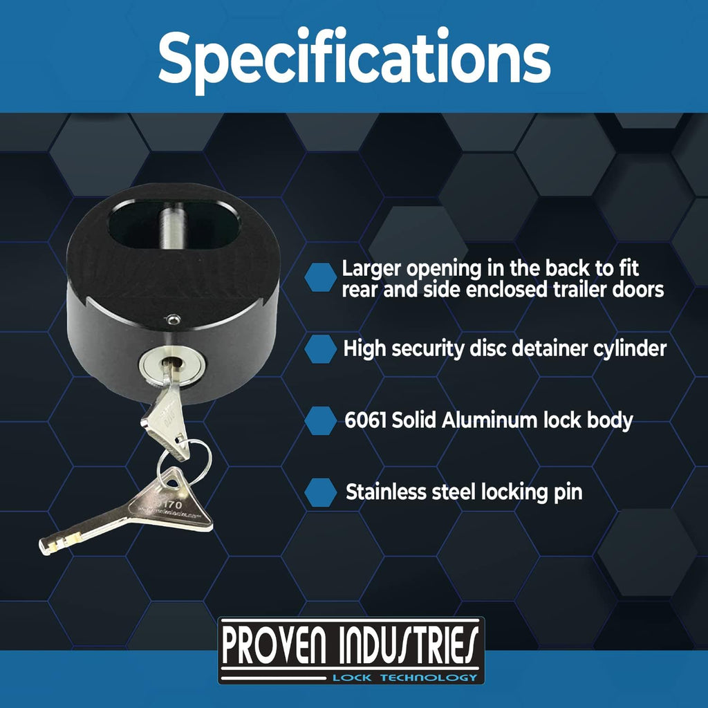 Proven Industries Puck Lock Set, Model 400XL, 2-Pack, Hidden Shackle, Keyed Alike, 6061 Solid Aluminum, Shackle Opening 1 3/4 x 1 3/4 x 7/8 in, Depth 1 1/4 in, Made in USA, Black