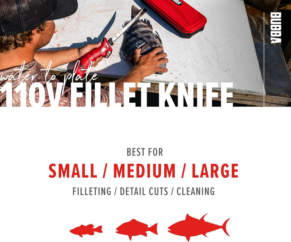 BUBBA 110V Electric Fillet Knife with Non-Slip Grip Handle, 4 Ti-Nitride S.S. Coated Non-Stick Reciprocating Blades, 8' Cord and Storage Case for Fishing