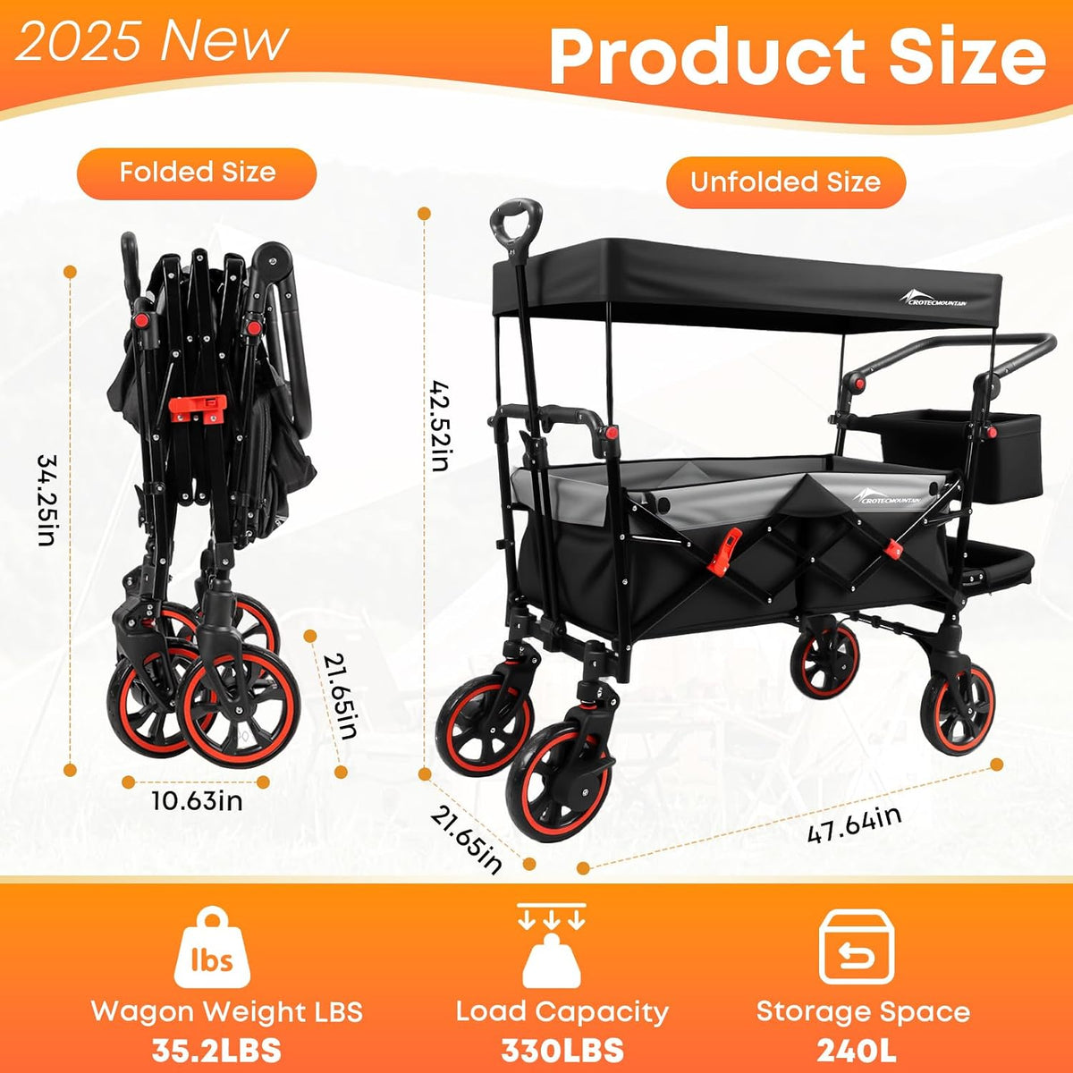 Wagon Stroller with Canopy,Large Capacity Trolley, Foldable Portable Cart with Canopy, Adjustable Push/Pull Handle, Shock-Absorbing Wheels, Suitable for Shopping,Traveling-B