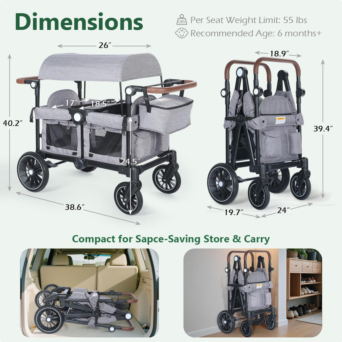 Kinder King Folding Wagon Stroller for 2 Kids, All-Terrain 2 Seater Stroller Wagon Outdoor, Removable Canopy, Adjustable Handle, Shock-Absorbing Wheel, Detachable Tray, Parent Organizer, Gray