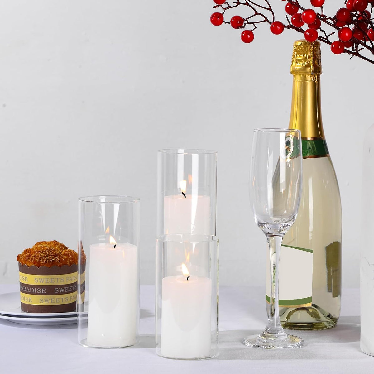 Shihanee 36 Pcs Pillar Candles and Glass Cylinder Vases Tall Cylinder Holders for Pillar Candles Wedding Centerpieces, Total 18 Sets(2.6'' X 4.7'', 5.9'', 7.9'',Clear,White)